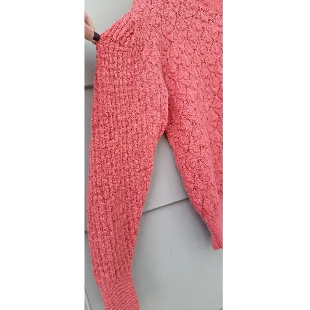 Knitted & Knotted Anthropologie Helga Mock Neck Coral Pink Puff Sleeve Sweater S